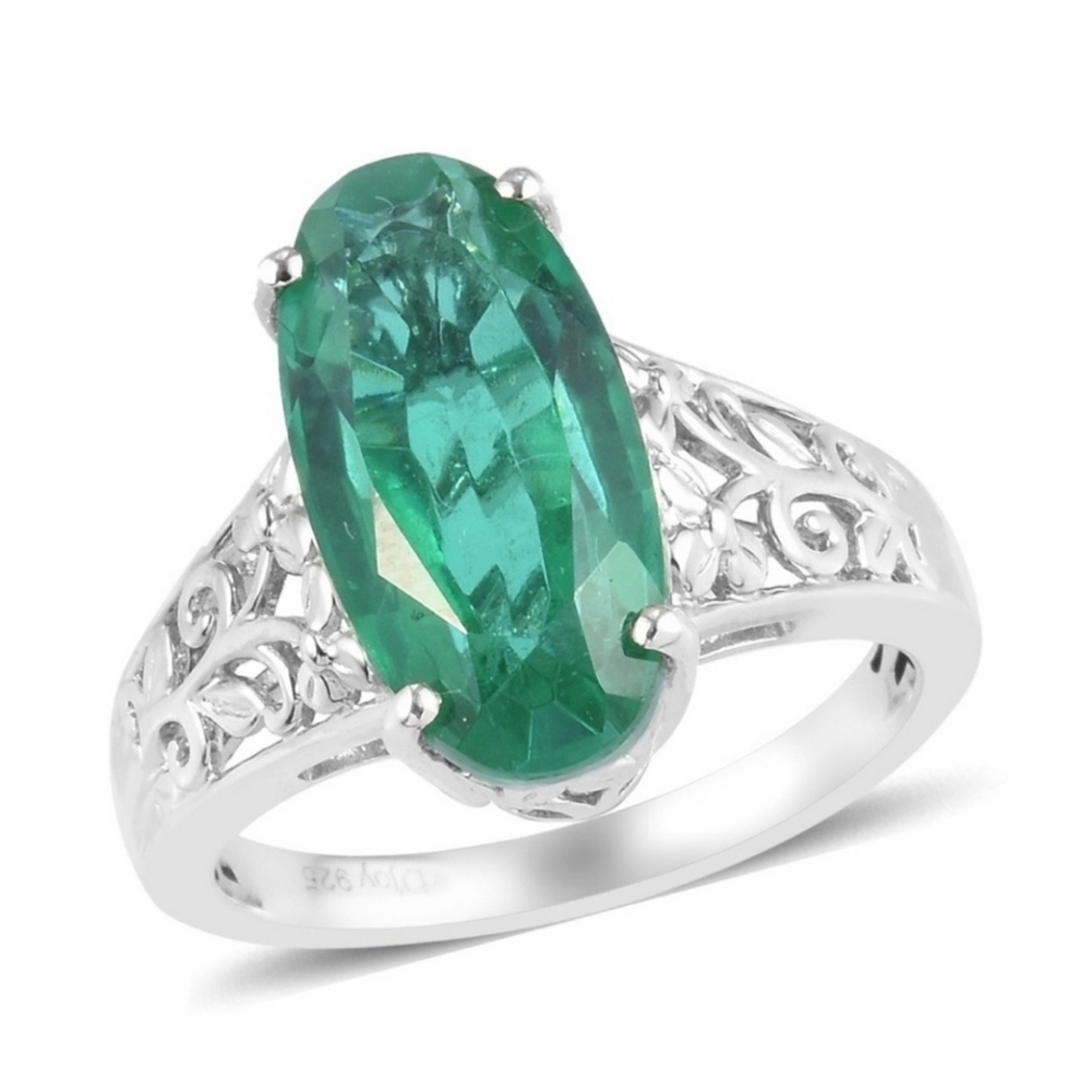 Genuine Emeraldine Quartz Triplet Ring  Platinum over Sterling Silver Sz 6! NWT